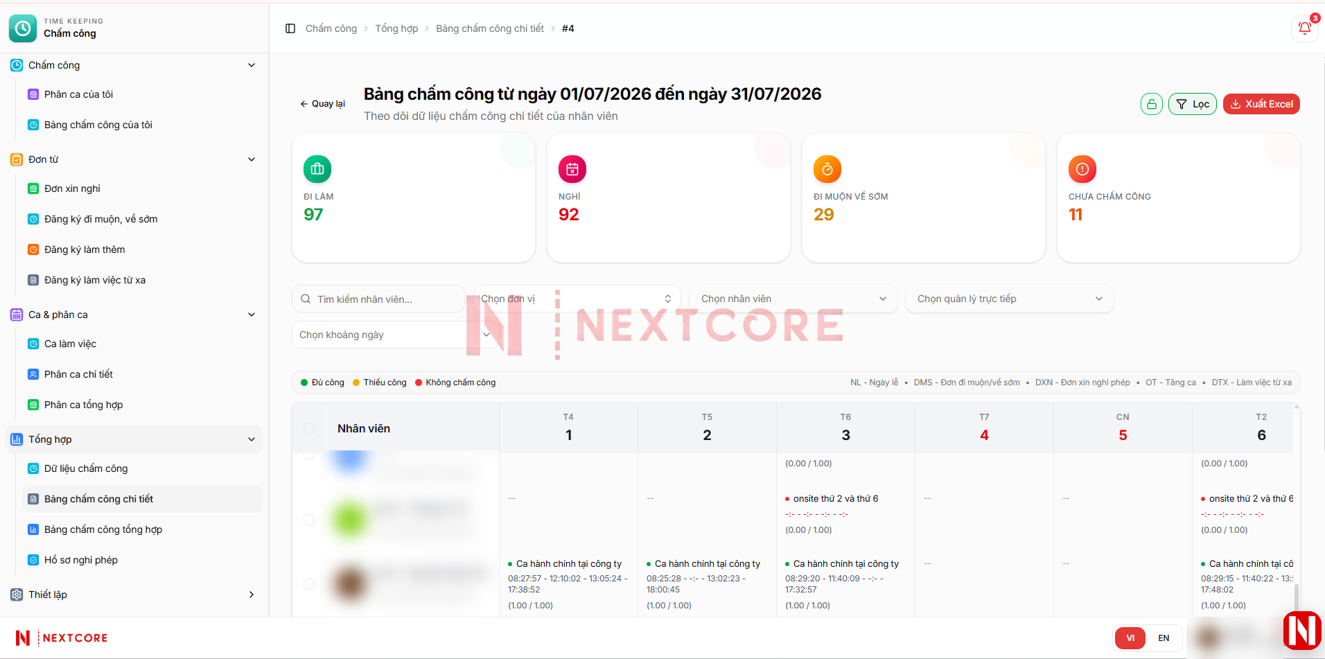 Bảng chấm công chi tiết